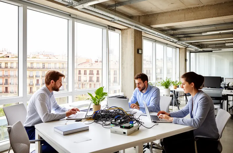 Técnico realizando mantenimiento preventivo en servidor empresarial Madrid, Centro de monitorización de sistemas informáticos en tiempo real, Equipo de soporte técnico atendiendo incidencia presencial en oficina, Infraestructura de red empresarial con cableado estructurado profesional, Panel de control de copias de seguridad automatizadas en empresa